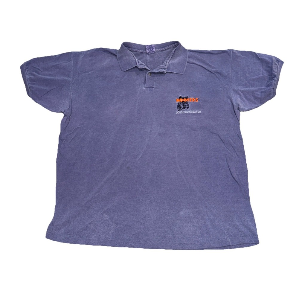 Vintage Hooters Owl Downtown Denver Polo Shirt Size Men's 2X Blue Faded Areas